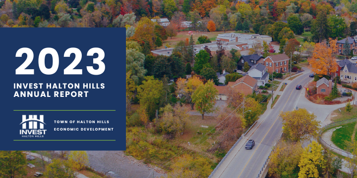 Vibrant foliage with blue overlay stating: Invest Halton Hills Annual Report